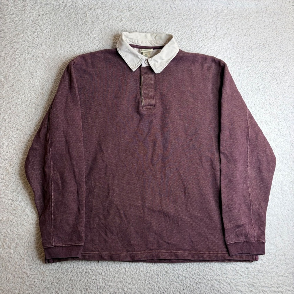 LL Bean Y2K Mens Large Rugby Shirt Long Sleeve Burgundy Maroon Pique Knit 0BKX7